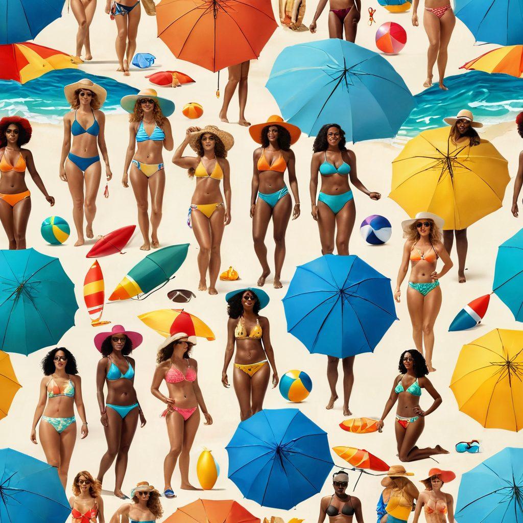 A vibrant beach scene showcasing a diverse group of people wearing stylish swimwear. Include different styles like bikinis, one-pieces, and swim trunks, with colorful beach umbrellas and surfboards in the background. The ocean waves gently lap at the shore, and a bright sun casts a warm glow. Add elements of summer fun like beach balls and sun hats. super-realistic. vibrant colors. tropical theme.